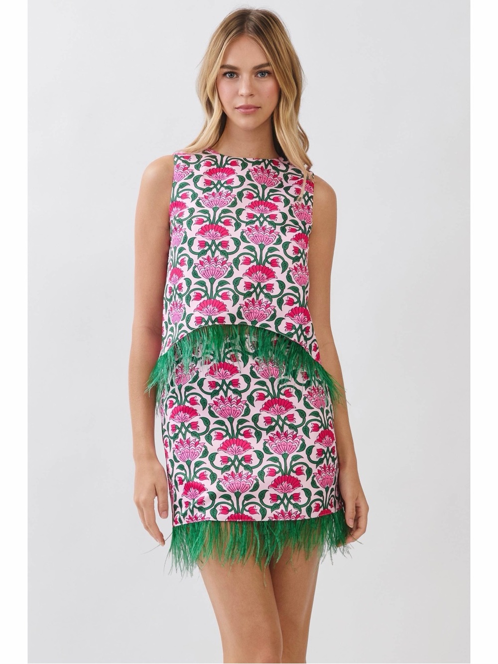 NWT TCEC Pink, Green & White Floral Feather Trim Skirt Set London